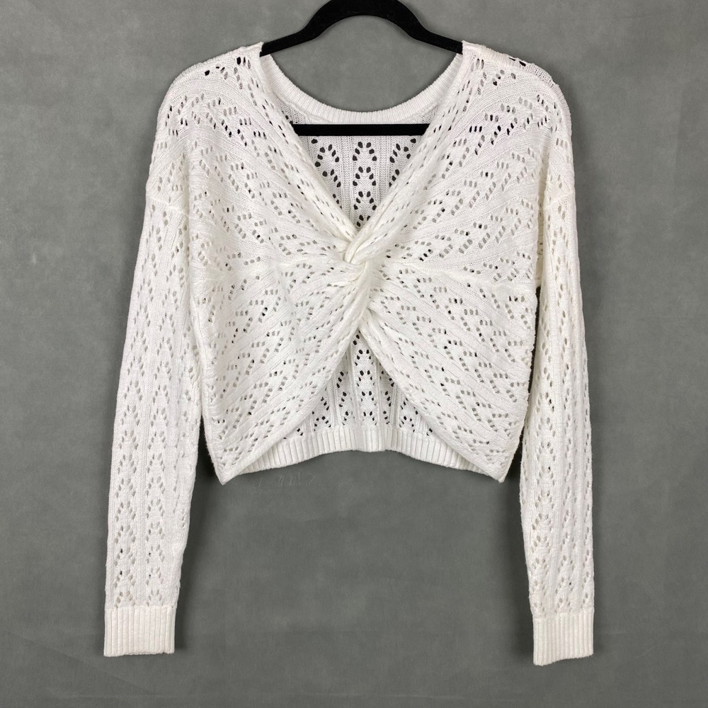 Hollister Twist Front Pointelle Open Knit Crochet Cropped Sweater Women XS White